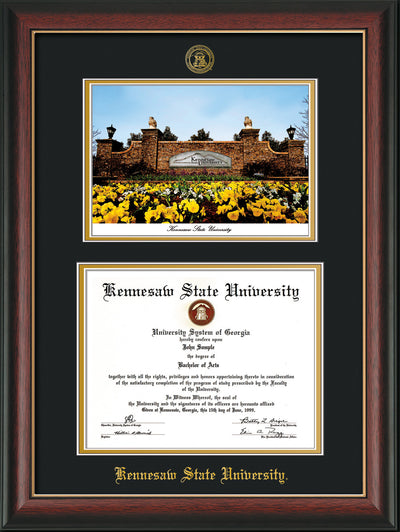 Image of Kennesaw State University Diploma Frame - Rosewood with Gold Lip - with KSU Seal - Campus Watercolor - Black on Gold mat