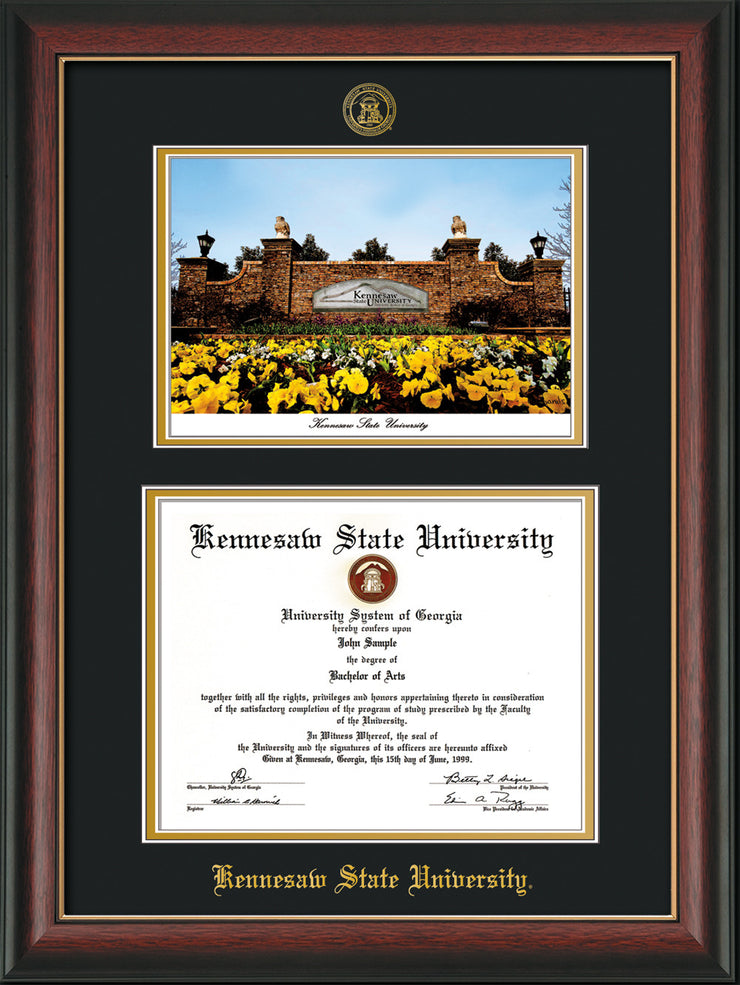 Image of Kennesaw State University Diploma Frame - Rosewood with Gold Lip - with KSU Seal - Campus Watercolor - Black on Gold mat