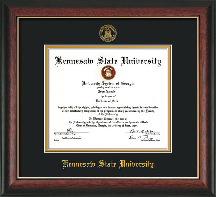 Image of Kennesaw State University Diploma Frame - Rosewood w/Gold Lip - w/Embossed KSU Seal & Name - Black on Gold mats