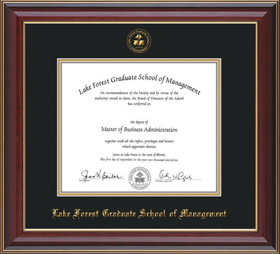 Image of Lake Forest Graduate School of Management Diploma Frame - Cherry Lacquer - w/Embossed LFGSM Seal & Name - UV Glass - Black on Gold mat