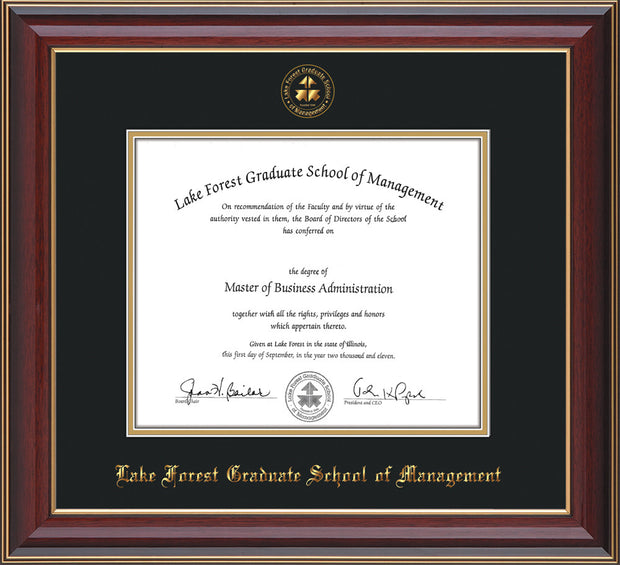 Image of Lake Forest Graduate School of Management Diploma Frame - Cherry Lacquer - w/Embossed LFGSM Seal & Name - UV Glass - Black on Gold mat