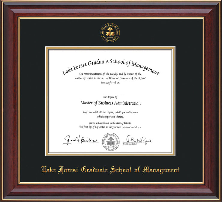 Image of Lake Forest Graduate School of Management Diploma Frame - Cherry Lacquer - w/Embossed LFGSM Seal & Name - UV Glass - Black on Gold mat