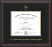Image of Lake Forest Graduate School of Management Diploma Frame - Mahogany Braid - w/Embossed LFGSM Seal & Name - UV Glass - Black on Gold mat