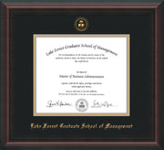 Image of Lake Forest Graduate School of Management Diploma Frame - Mahogany Braid - w/Embossed LFGSM Seal & Name - Museum Glass - Black on Gold mat