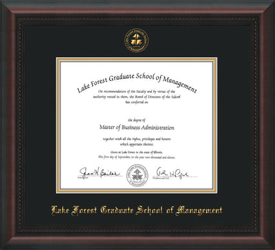 Image of Lake Forest Graduate School of Management Diploma Frame - Mahogany Braid - w/Embossed LFGSM Seal & Name - UV Glass - Black on Gold mat