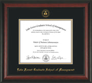Image of Lake Forest Graduate School of Management Diploma Frame - Rosewood - w/Embossed LFGSM Seal & Name - Museum Glass - Black on Gold mat