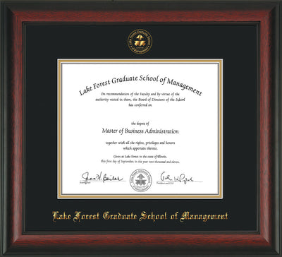 Image of Lake Forest Graduate School of Management Diploma Frame - Rosewood - w/Embossed LFGSM Seal & Name - Museum Glass - Black on Gold mat