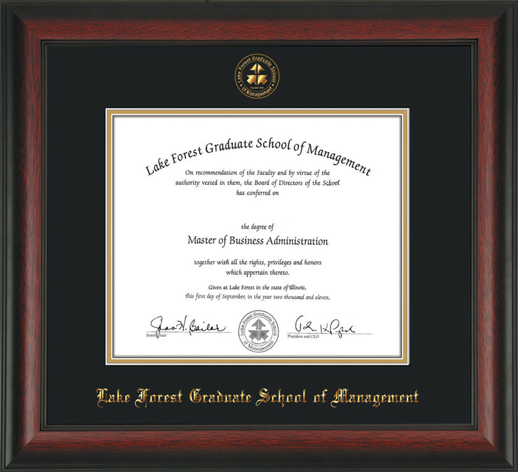 Image of Lake Forest Graduate School of Management Diploma Frame - Rosewood - w/Embossed LFGSM Seal & Name - Museum Glass - Black on Gold mat