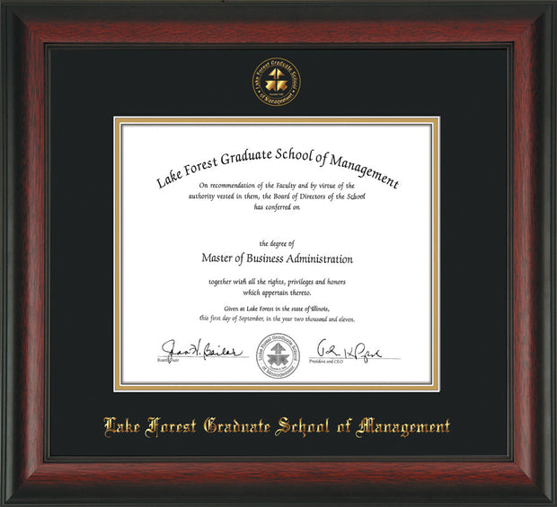 Image of Lake Forest Graduate School of Management Diploma Frame - Rosewood - w/Embossed LFGSM Seal & Name - UV Glass - Black on Gold mat