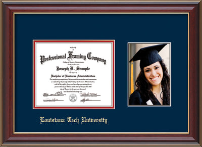 Image of Louisiana Tech University Diploma Frame - Cherry Lacquer - w/Laser Etched School Name Only - w/5x7 Photo Opening - Navy on Red mat