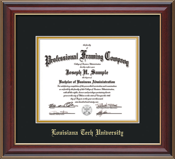 Image of Louisiana Tech University Diploma Frame - Cherry Lacquer - w/Laser Etched School Name Only - Black on Gold mat