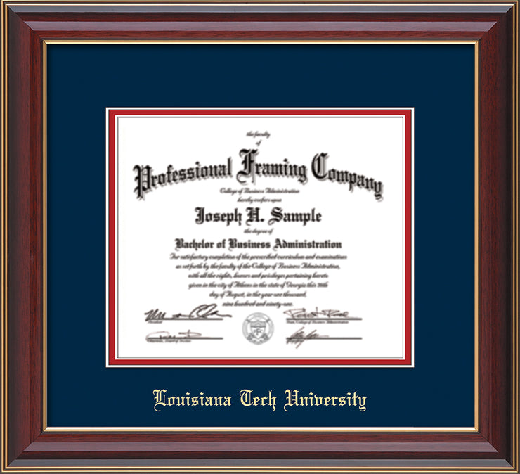 Image of Louisiana Tech University Diploma Frame - Cherry Lacquer - w/Laser Etched School Name Only - Navy on Red mat