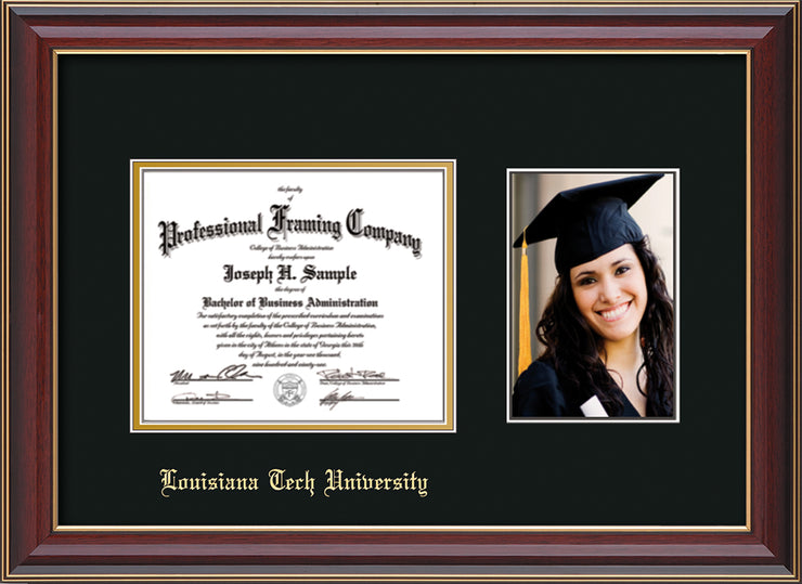 Image of Louisiana Tech University Diploma Frame - Cherry Lacquer - w/Laser Etched School Name Only - w/5x7 Photo Opening - Black on Gold mat