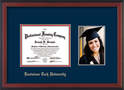 Image of Louisiana Tech University Diploma Frame - Cherry Reverse - w/Laser Etched School Name Only - w/5x7 Photo Opening - Navy on Red mat