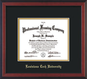 Image of Louisiana Tech University Diploma Frame - Cherry Reverse - w/Laser Etched School Name Only - Black on Gold mat