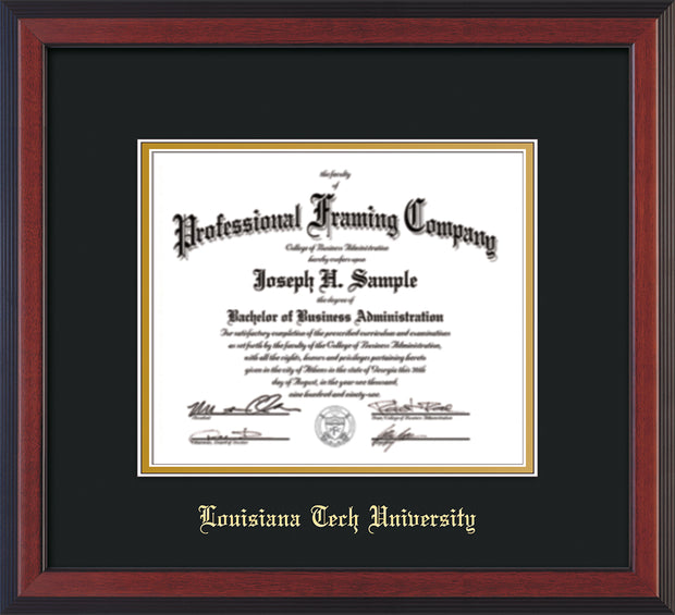 Image of Louisiana Tech University Diploma Frame - Cherry Reverse - w/Laser Etched School Name Only - Black on Gold mat