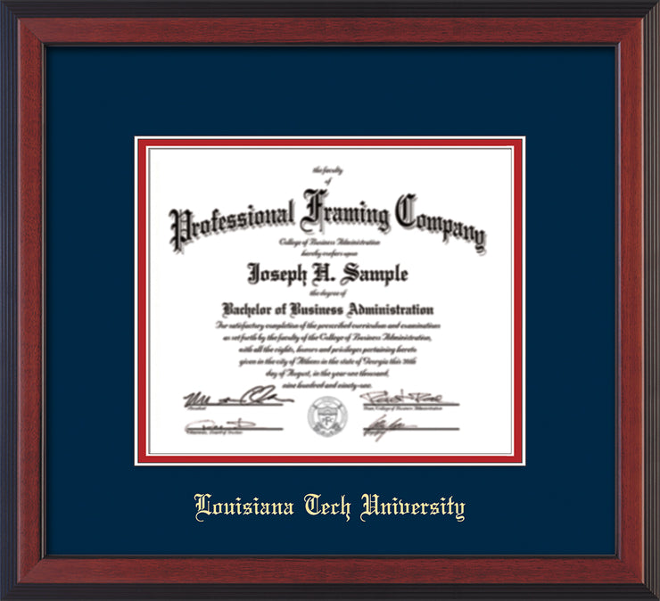 Image of Louisiana Tech University Diploma Frame - Cherry Reverse - w/Laser Etched School Name Only - Navy on Red mat