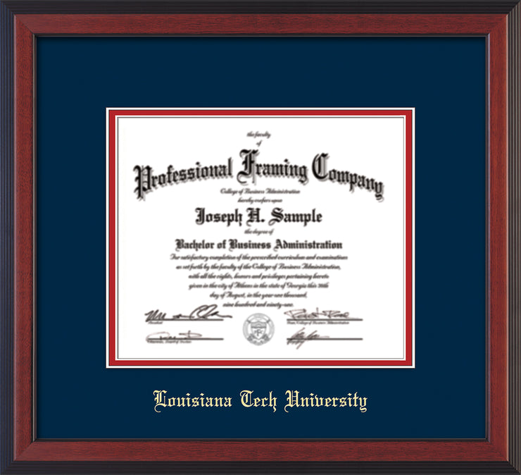 Image of Louisiana Tech University Diploma Frame - Cherry Reverse - w/Laser Etched School Name Only - Navy on Red mat