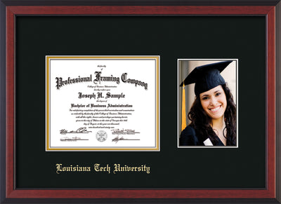Image of Louisiana Tech University Diploma Frame - Cherry Reverse - w/Laser Etched School Name Only - w/5x7 Photo Opening - Black on Gold mat
