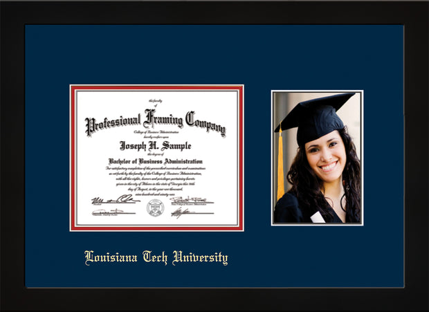Image of Louisiana Tech University Diploma Frame - Flat Matte Black - w/Laser Etched School Name Only - w/5x7 Photo Opening - Navy on Red mat