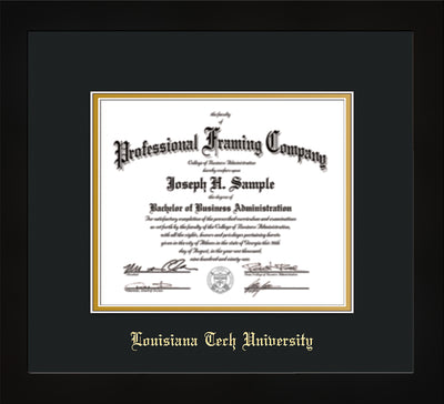 Image of Louisiana Tech University Diploma Frame - Flat Matte Black - w/Laser Etched School Name Only - Black on Gold mat