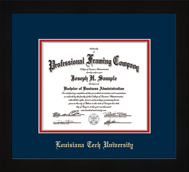 Image of Louisiana Tech University Diploma Frame - Flat Matte Black - w/Laser Etched School Name Only - Navy on Red mat