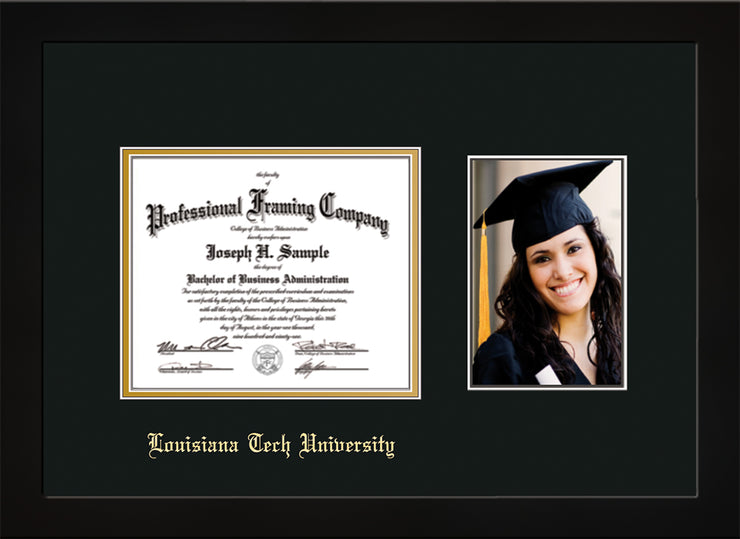 Image of Louisiana Tech University Diploma Frame - Flat Matte Black - w/Laser Etched School Name Only - w/5x7 Photo Opening - Black on Gold mat
