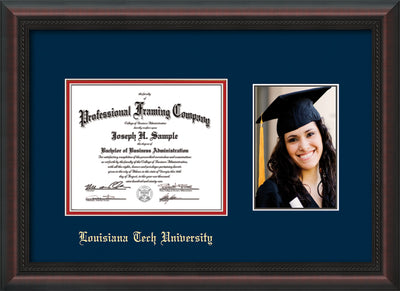 Image of Louisiana Tech University Diploma Frame - Mahogany Braid - w/Laser Etched School Name Only - w/5x7 Photo Opening - Navy on Red mat