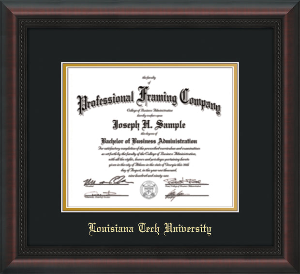 Image of Louisiana Tech University Diploma Frame - Mahogany Braid - w/Laser Etched School Name Only - Black on Gold mat