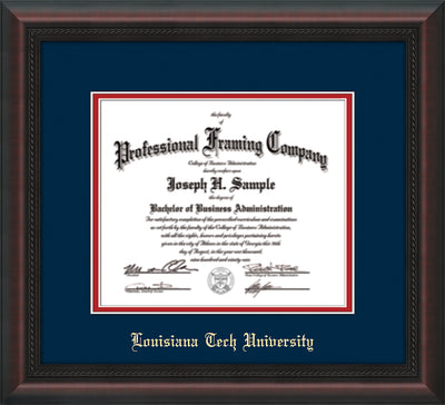 Image of Louisiana Tech University Diploma Frame - Mahogany Braid - w/Laser Etched School Name Only - Navy on Red mat