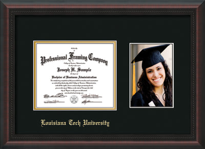 Image of Louisiana Tech University Diploma Frame - Mahogany Braid - w/Laser Etched School Name Only - w/5x7 Photo Opening - Black on Gold mat