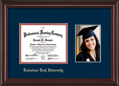 Image of Louisiana Tech University Diploma Frame - Mahogany Lacquer - w/Laser Etched School Name Only - w/5x7 Photo Opening - Navy on Red mat