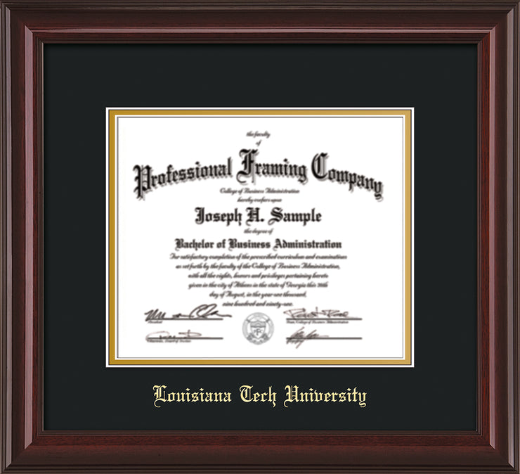 Image of Louisiana Tech University Diploma Frame - Mahogany Lacquer - w/Laser Etched School Name Only - Black on Gold mat