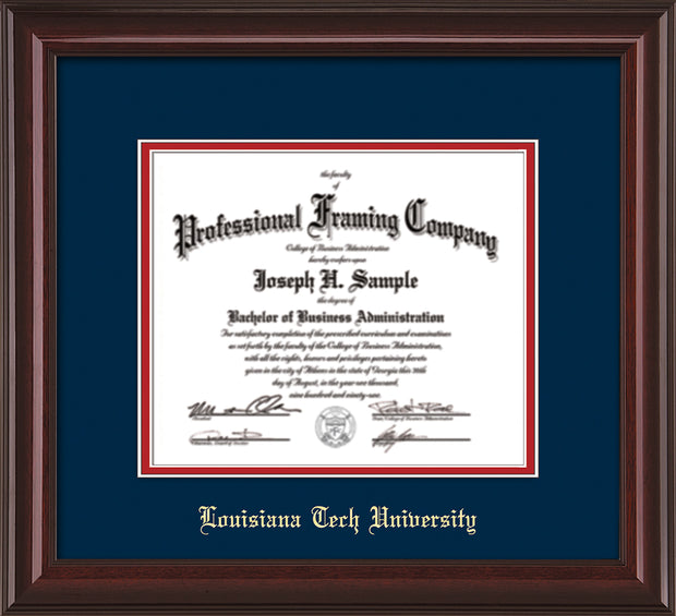 Image of Louisiana Tech University Diploma Frame - Mahogany Lacquer - w/Laser Etched School Name Only - Navy on Red mat
