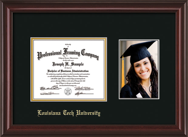 Image of Louisiana Tech University Diploma Frame - Mahogany Lacquer - w/Laser Etched School Name Only - w/5x7 Photo Opening - Black on Gold mat