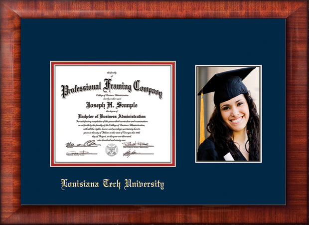 Image of Louisiana Tech University Diploma Frame - Mezzo Gloss - w/Laser Etched School Name Only - w/5x7 Photo Opening - Navy on Red mat