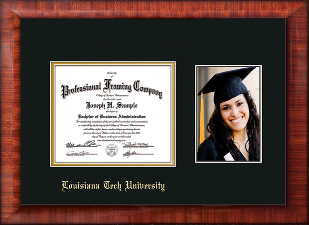Image of Louisiana Tech University Diploma Frame - Mezzo Gloss - w/Laser Etched School Name Only - w/5x7 Photo Opening - Black on Gold mat