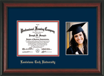 Image of Louisiana Tech University Diploma Frame - Rosewood - w/Laser Etched School Name Only - w/5x7 Photo Opening - Navy on Red mat
