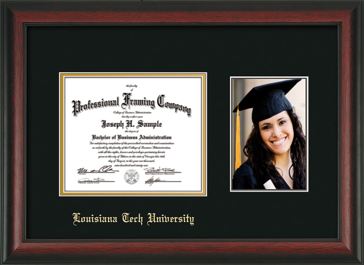 Image of Louisiana Tech University Diploma Frame - Rosewood - w/Laser Etched School Name Only - w/5x7 Photo Opening - Black on Gold mat
