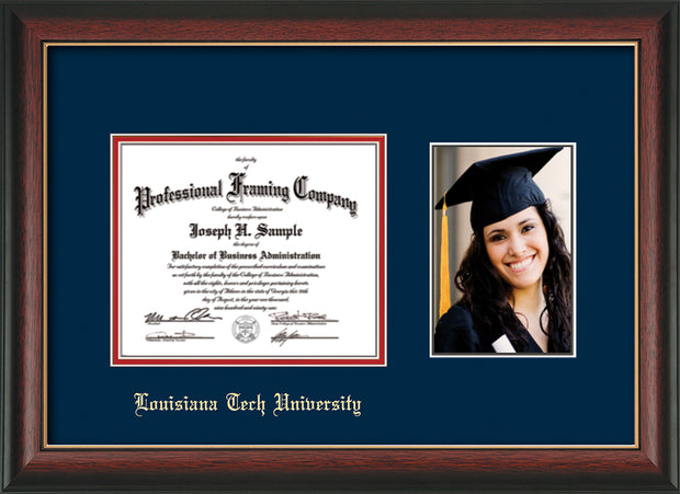 Image of Louisiana Tech University Diploma Frame - Rosewood w/Gold Lip - w/Laser Etched School Name Only - w/5x7 Photo Opening - Navy on Red mat