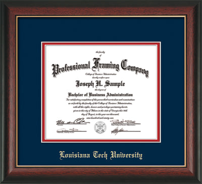 Image of Louisiana Tech University Diploma Frame - Rosewood w/Gold Lip - w/Laser Etched School Name Only - Navy on Red mat