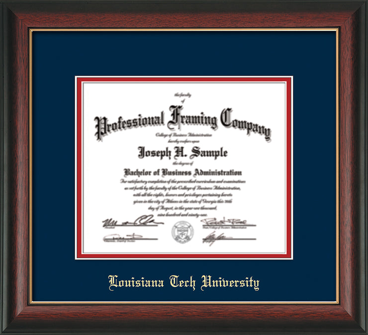 Image of Louisiana Tech University Diploma Frame - Rosewood w/Gold Lip - w/Laser Etched School Name Only - Navy on Red mat