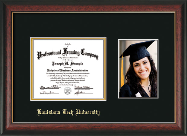Image of Louisiana Tech University Diploma Frame - Rosewood w/Gold Lip - w/Laser Etched School Name Only - w/5x7 Photo Opening - Black on Gold mat