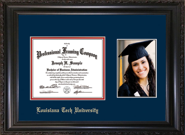 Image of Louisiana Tech University Diploma Frame - Vintage Black Scoop - w/Laser Etched School Name Only - w/5x7 Photo Opening - Navy on Red mat