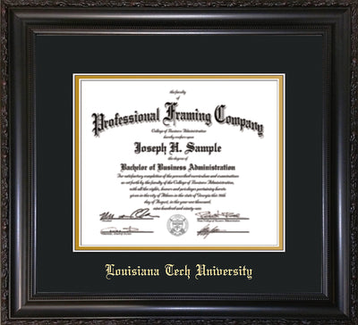 Image of Louisiana Tech University Diploma Frame - Vintage Black Scoop - w/Laser Etched School Name Only - Black on Gold mat
