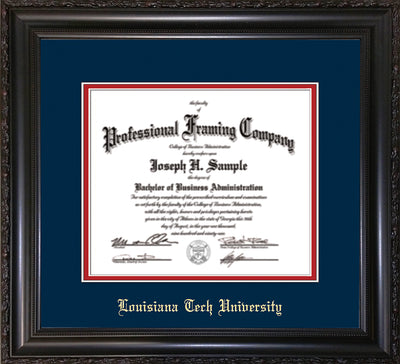 Image of Louisiana Tech University Diploma Frame - Vintage Black Scoop - w/Laser Etched School Name Only - Navy on Red mat