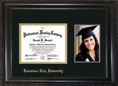Image of Louisiana Tech University Diploma Frame - Vintage Black Scoop - w/Laser Etched School Name Only - w/5x7 Photo Opening - Black on Gold mat