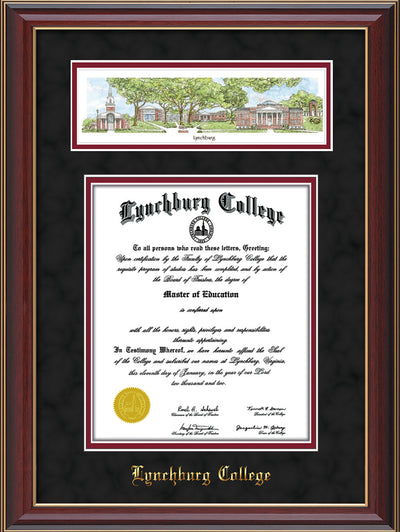 Image of Lynchburg College Diploma Frame - Cherry Lacquer - w/Embossed School Name Only - Campus Collage - Black Suede on Crimson mat
