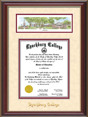 Image of Lynchburg College Diploma Frame - Cherry Lacquer - w/Embossed School Name Only - Campus Collage - Cream Suede on Crimson mat