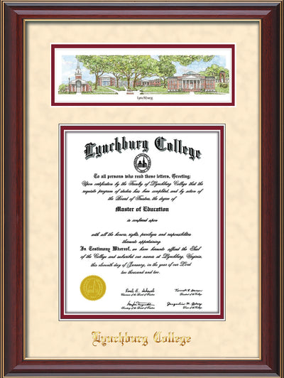 Image of Lynchburg College Diploma Frame - Cherry Lacquer - w/Embossed School Name Only - Campus Collage - Cream Suede on Crimson mat